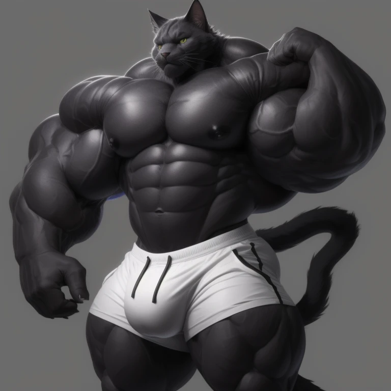 hyper growth, big Bulge, hyper muscles, furry growth, a cat, cute black cat, shirtless, wearing white shorts, exaggeratedly muscular, exaggeratedly huge muscles, exaggeratedly huge biceps and arms, on a gray background