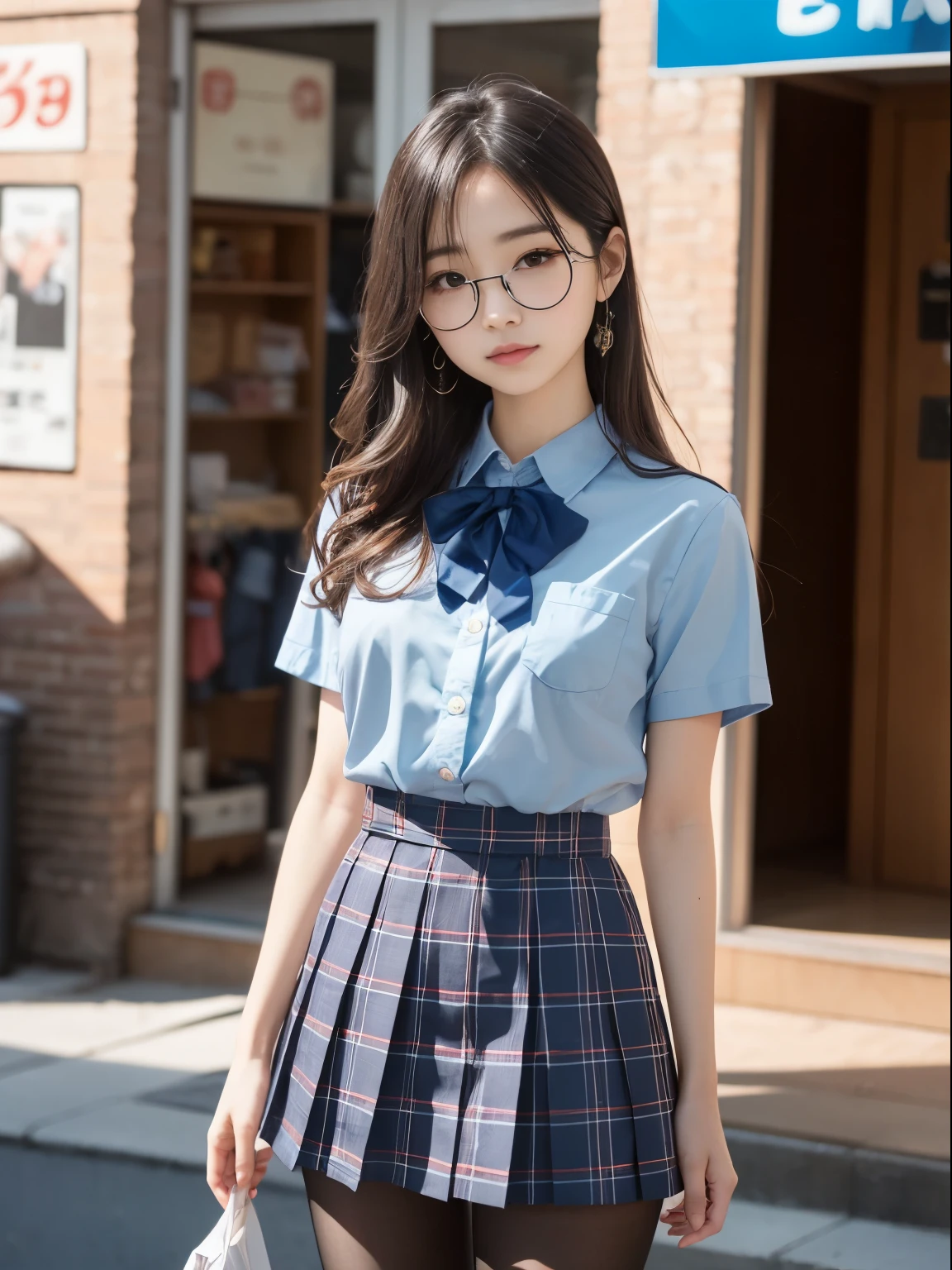 (8k、生photograph、 Highest quality、masterpiece:1.2)、(Small eyes)、((Black Pantyhose))、((Small breasts)、(Small breasts)、(Small breasts)、(Cutting board)、(Half an eye))、((Sleepy eyes))、((Squint your eyes))、(Round Glasses)、Droopy eyes、One person、cute、JK、high school girl、Japanese women、(Are standing)、(PhotoReactive:1.37)、Photon Mapping、Real、(Very delicate face)、round face、cute小さな顔、Brown eyes、(Red bow tie)、Radio City、Physically Based Rendering、Prospect、Character boundary depth、Blurred Background、photograph、、body、Beautiful feet、Long legs、Thin legs、(前hairが見える)、hair、lips、Blue_The目、Soft Nose、(Light blue shirt)、(Navy, blue and white plaid pleated skirt)、High school uniforms、See-through clothing、Thighs、black cotton socks、Nogizaka Idol、Japanese Idol