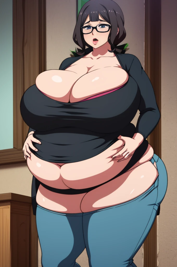 ((Cartoon image of a tall woman with long legs wearing a cow print bikini and high heels)), tits, tits proportions, big breasts!!,big breasts!, Close-up of intense gesture style, She has a Plump, round belly, 覆われたSFWのhuge breasts, junko enoshima, big breastsを持つ, Full body close-up shot, thick, big breastsを持つ,mature woman,huge breasts,Plump,,((垂れ下がったtits)),((forward bend pose)),Jaqui V4,((white skin)),blue black hair,Waving gesture,(smile),((Closed eye)),((((troubled look)))),((((blush))))