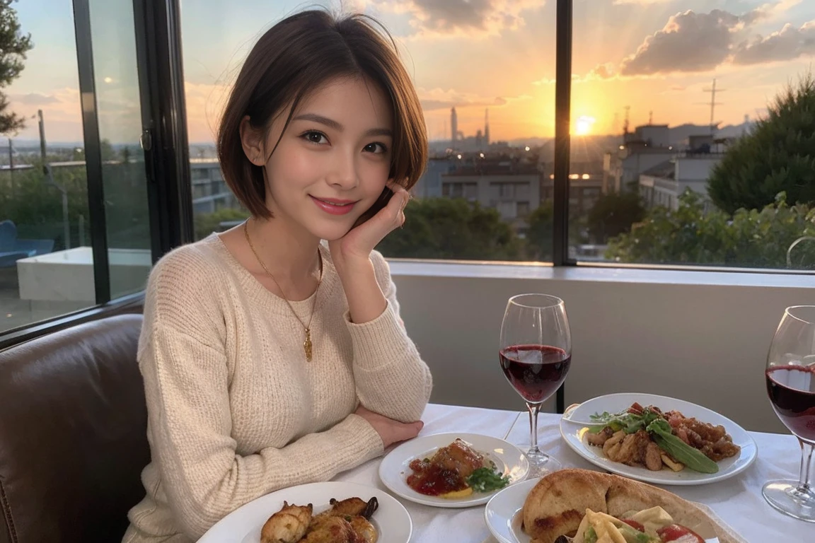 （Realistic:1.1）,(masterpiece,Highest quality)，8k,(49 years old), 53 years old, ベリーslimボディ、slimカップル、Tight waist,Upper Body,full-course dinner、wine 、Amazing view of the sunset sky and clouds、Perfect Anatomy, Brown Hair, short hair,Random Hairstyles,((Highly detailed face and eyes:1.2))，Perfect golden ratio face，Long sleeve shirt、dress,(smile:1.2)、Shortcuts、cute、(Realistic, Intricate details:1.2), A bright smile、short hair,Bright Face、赤wine 、Appetizers、Italian food、wine bottle、Champagne、スパークリングwine、(slimな顔), (The body is slim), (Brown Hair), (Shortcuts),  Upper Body, 白wine, slim, wineグラス, 