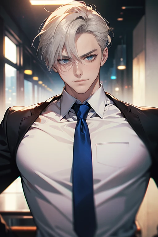 (tmasterpiece, high resolution, ultra - detailed:1.0), (1 male, masculine face, 31 years, CEO), Perfect male body, tall and strong, Adult male, Delicate eyes and delicate face, Extremely detailed CG, Unity 8k wallpaper, Complicated details, Detailed face, (short gray golden hair, short  hair, smile in love faces, blue eyes, white shirts,), (frown, smile in love:1.3), stad in corporativo, empresa, escritório style, color difference, Depth of field, dramatic shadow, Ray tracing, Best quality, Cinematic lighting, offcial art,Portrait