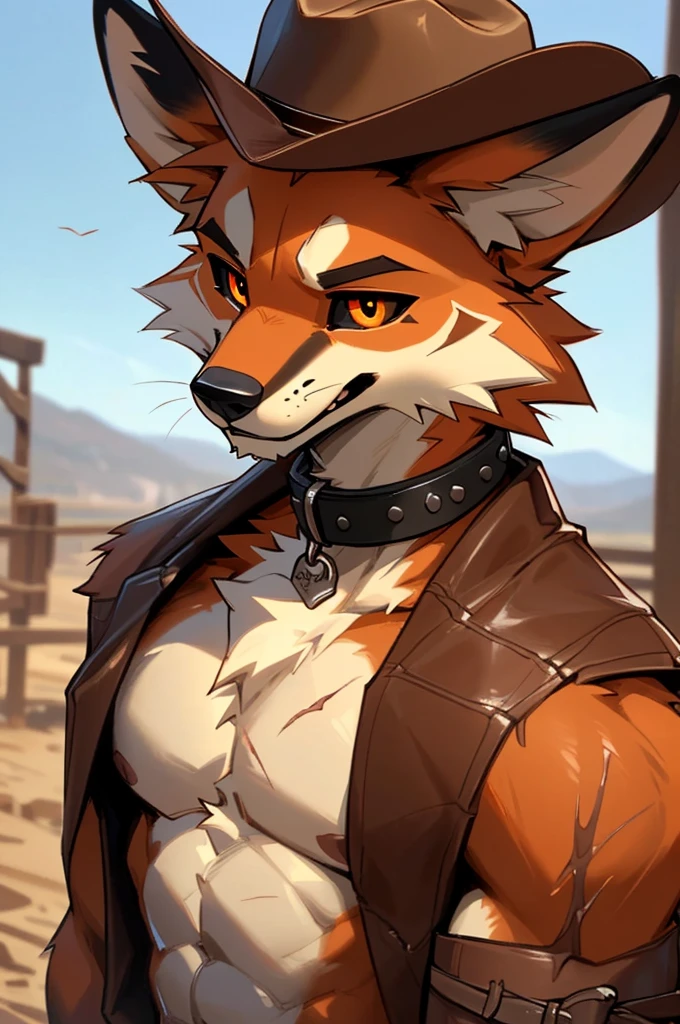 close up, upper body POV, bust, furry, anthro, red fox, long pointed fox ears, fluffy fox tail, ((orange,white and brown fur)), long fluffy hair, black hair, messy fur, scars covering body, razor sharp teeth, ((black sclera, yellow pupils)), slim body, handsome, sexy, slender, well built, slightly muscular, tall, ((wearing a shirtless cowboy outfit, red neckerchief, cowboy hat,leather gloves)), pawpads, pink pawpads, wild west background, ((best quality, 4K, UHD, masterpiece, NSFW)), alone, smiling, hands on hips, looking down at viewer, side eye, 