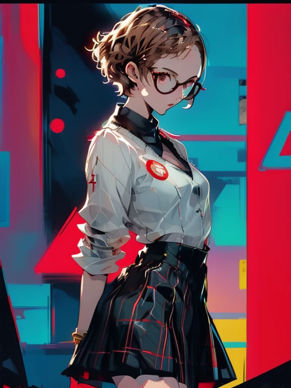 in the art style of persona5, (masterpiece:1.2, highest quality), (Realistic, photoRealistic:1.4), Beautiful illustrations, (Natural Side Lighting, Cinema Lighting), Written boundary depth, Beautiful thighs staring at the viewer, 1 female, 30-year-old, alone, thin, slender, (small breasts), short Hair, curly Hair, Forehead, Forehead, Forehead, Forehead, thin, slender, glasses, White blouse with formal collar, Blue Blazer, Red Check Skirt, Red checkered ribbon on blouse, Are standing, (((glasses)))