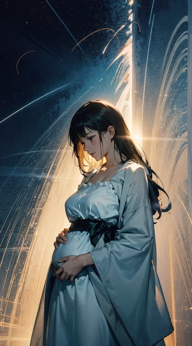 A woman who feels a gentle sensation as if thousands of tiny rays of light are covering her body, and thinks this is motherhood.,poutlines,(myanime),