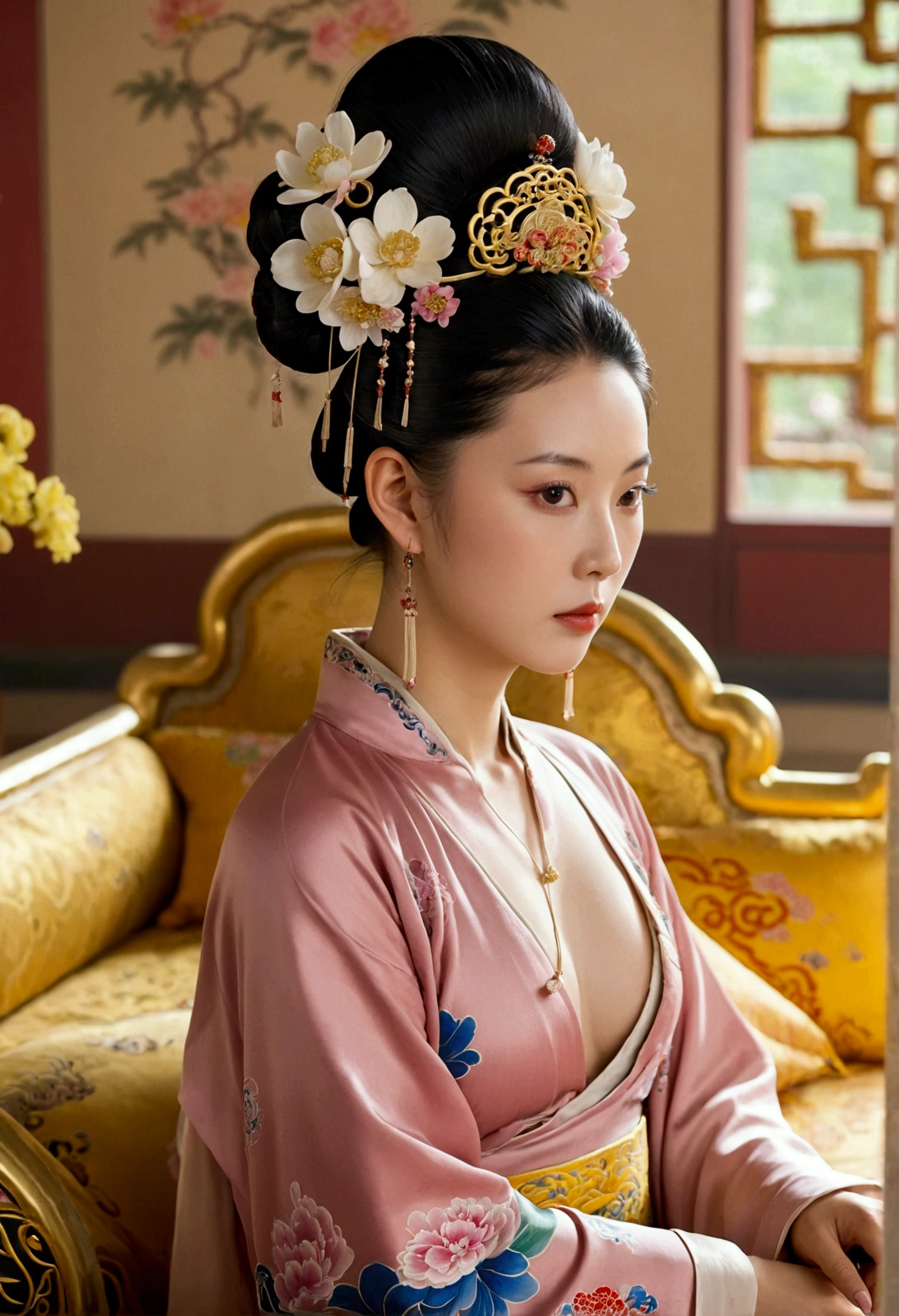 Nude figure of a 29 year old Qing Dynasty woman with a slightly plump face. She sits naked on a large golden couch, looking straight ahead. Her breasts are large, her hair is tightly tied up, and she wears a hairpin and flowers. The background and location is the Empress of China. The story takes place in the luxurious room of an empress in the Chinese court during the Qing Dynasty.