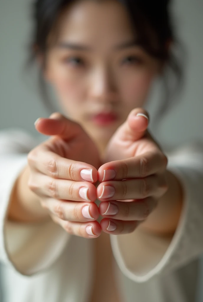 Generate a close-up image of two hands positioned in front of the viewer. beautiful young Japanese woman wearing only camisole. both hands are extended forward , one hand with the fingers curled and softly grabbed to form vertical tube of fingers. The other hand should be placed on top of the another hand, gently covering from above like a lid. Ensure that the fingers of both hands are detailed, with attention to the textures and contours of the skin. The background should be neutral or softly blurred to keep the focus on the hands and the interaction between them.