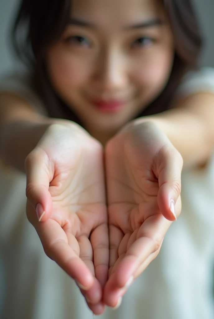 Generate a close-up image of two hands positioned in front of the viewer. beautiful young Japanese woman wearing only camisole. both hands are extended forward , one hand with the fingers curled and softly grabbed to form vertical tube of fingers. The other hand should be placed on top of the another hand, gently covering from above like a lid. Ensure that the fingers of both hands are detailed, with attention to the textures and contours of the skin. The background should be neutral or softly blurred to keep the focus on the hands and the interaction between them.