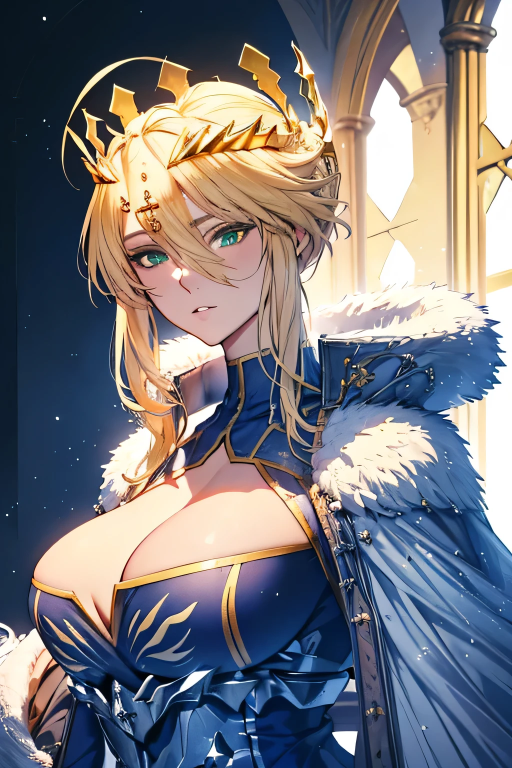 Artoria Lancer, mature woman, elegant, blonde hair, green eyes, casual clothes, crown, white cape, fur trim, portrait, head to bust, 4k resolution, high quality, castle interior, face focus, (((masterpiece))), blue outfit, sleeveless, bokeh