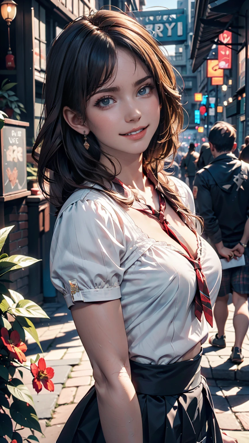 (8k, Highest quality, masterpiece: 1.2), Super detailed, Highest quality, Ultra-high resolution, Professional Lighting, Photon Mapping, Radio City, Physically Based Rendering, Cinema Lighting, Depth of written boundary, focus on, Light of the sun, Good composition, (Bokeh: 1.2), 1 person, (whole body), smile, Beautiful Eyes, Pause, narrow, Brown Hair, short hair, Prairie Blouse Light Blue, skirt,garden,hand {refer tos} cute {refer to} hand,