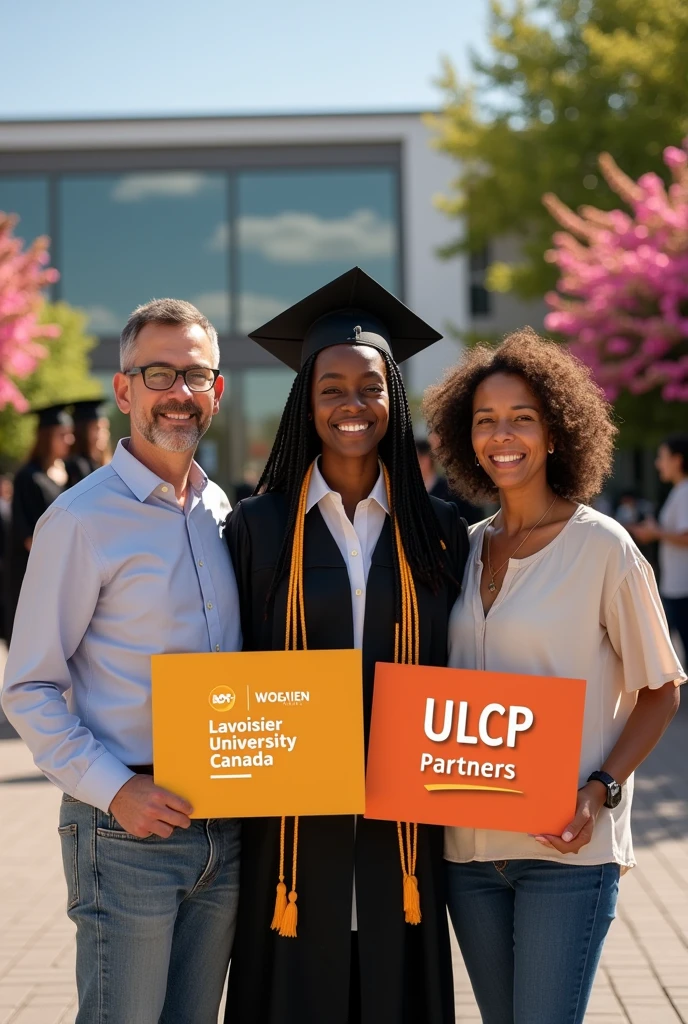Photo of a Black student accompanied by their parents after graduating from Lavoisier University Canada and ULCP Partners, holding signs from Lavoisier University Canada and ULCP Partners 