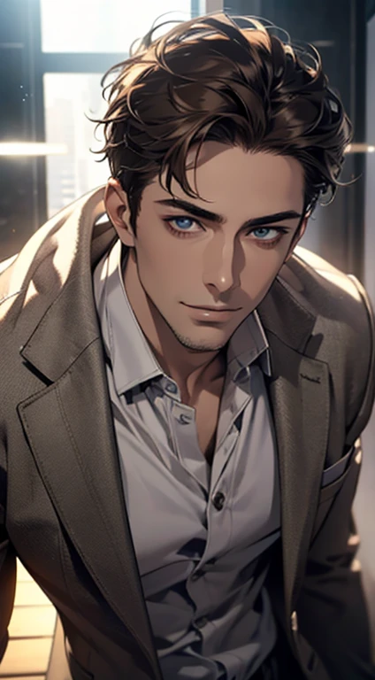 (best quality,4k,8k,highres,masterpiece:1.2),ultra-detailed,(realistic,photorealistic,photo-realistic:1.37),1 man,31 years old,mature man,very handsome,without expression,smile,short grey brown hair,blue eyes,penetrating gaze,perfect face without errors,imposing posture,businessman,office background,cinematic lighting,hdr image