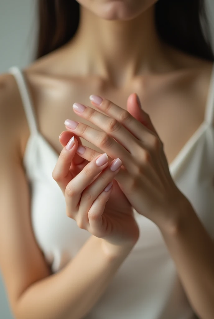 Generate a close-up image of two hands positioned in front of the viewer. beautiful young Japanese woman wearing only camisole.  one hand with the fingers curled and softly grabbed to form vertical tube of fingers.  The other hand should be placed on top of the another hand, gently covering from above like a lid. Ensure that the fingers of both hands are detailed, with attention to the textures and contours of the skin. The background should be neutral or softly blurred to keep the focus on the hands and the interaction between them.