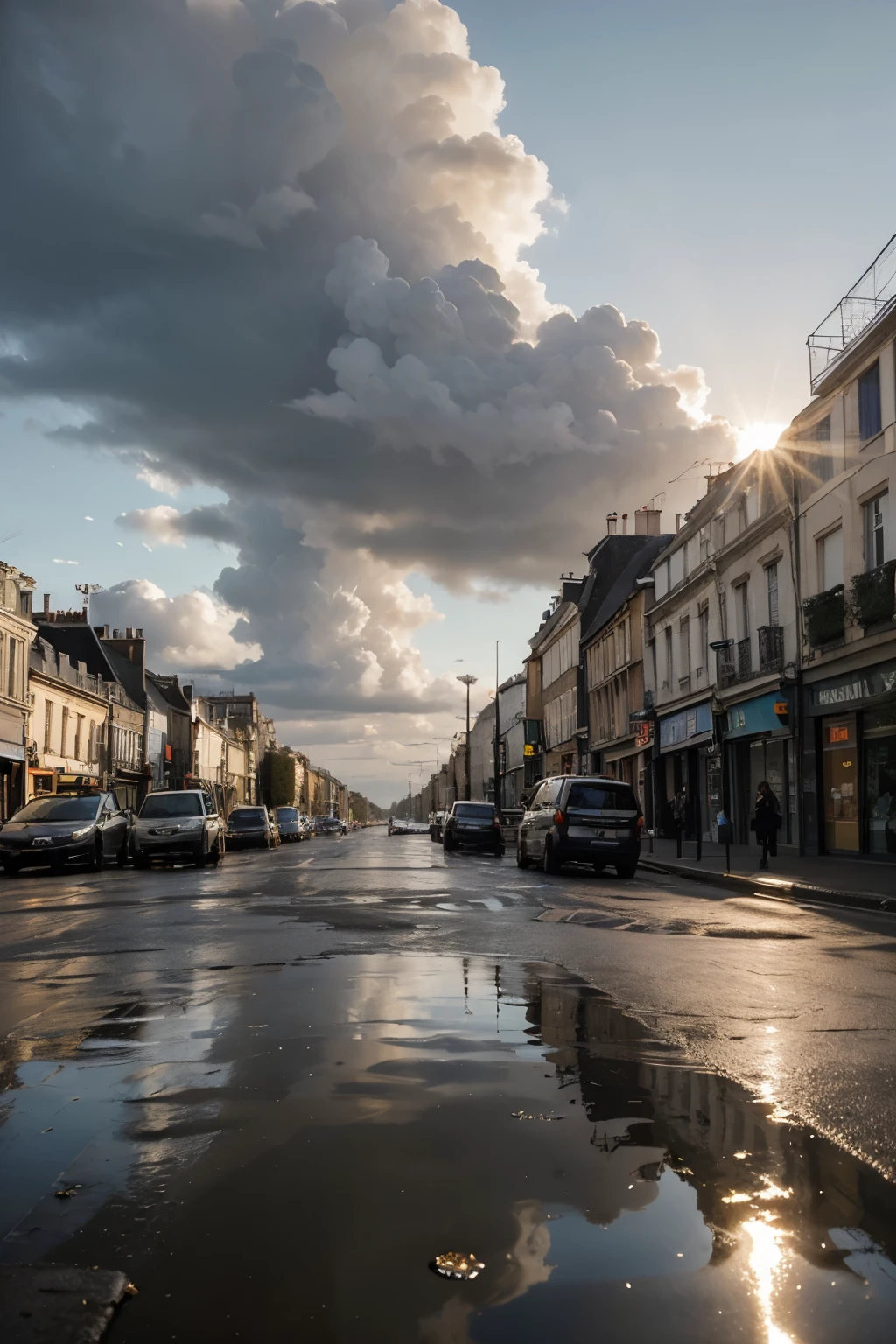beautiful sun in the sky' and real cloud, Golden hour in city of Paris A high street, wet city and a lot of puddle, and cloudy skies  High quality, fixed light composition