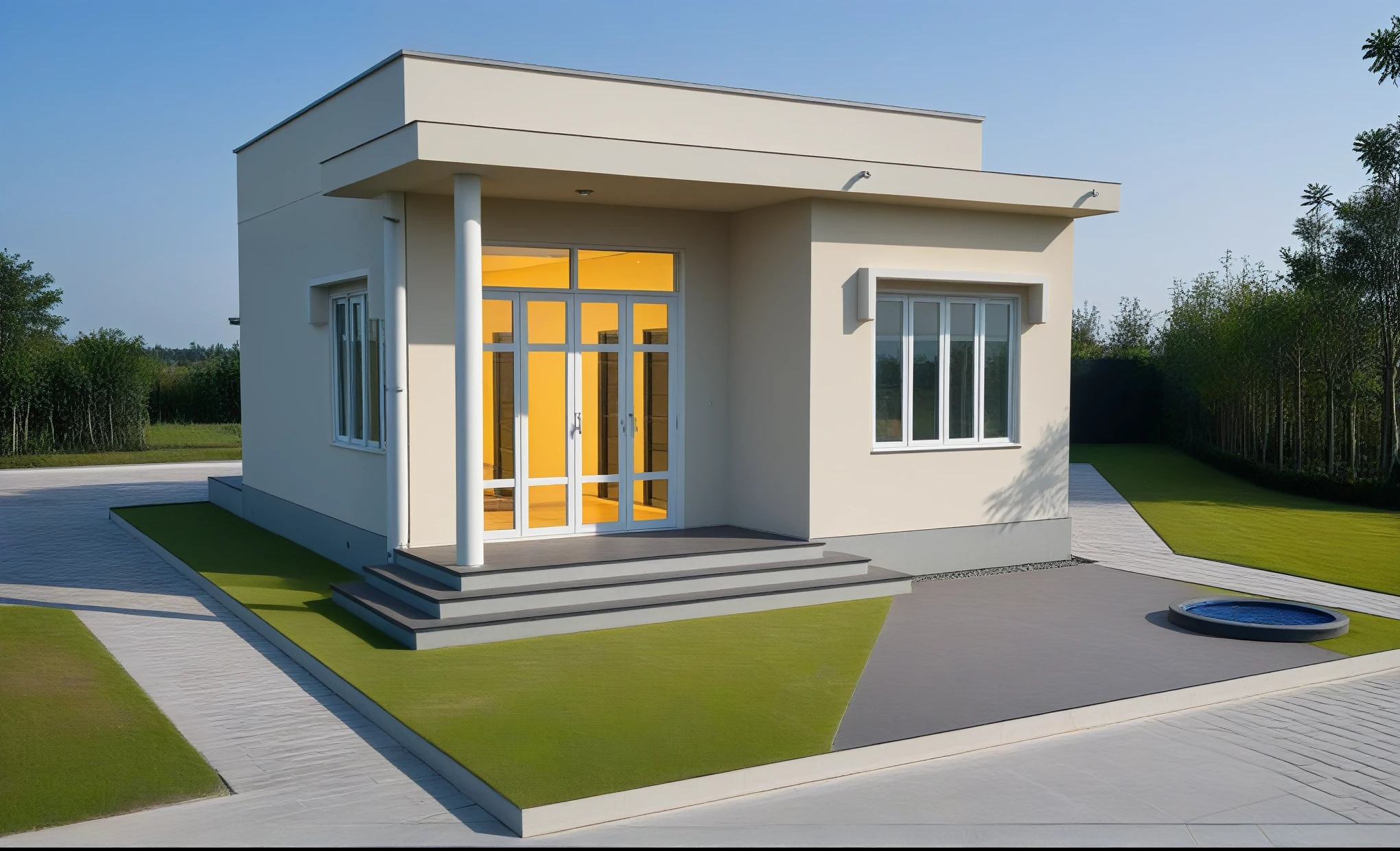 modern townhouse, (sunset), (warm interior lighting:1.2) with trees surround