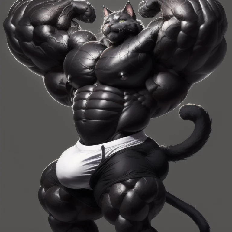 hyper growth, Hyper Muscles, Muscular, Big Muscles, big Bulge, hyper muscles, furry growth, a cat, cute black cat, shirtless, wearing white shorts, exaggeratedly muscular, exaggeratedly huge muscles, exaggeratedly huge biceps and arms, on a gray background