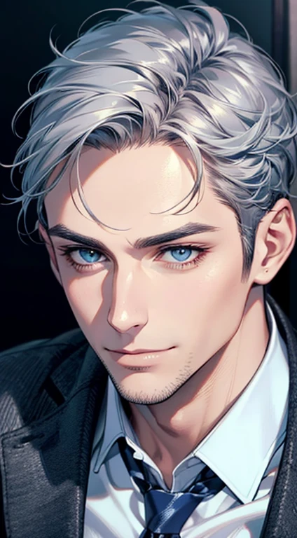 (best quality,4k,8k,highres,masterpiece:1.2),ultra-detailed,(realistic,photorealistic,photo-realistic:1.37),1 man,31 years old,mature man,very handsome,without expression,smile,short grey blue hair,blue eyes,penetrating gaze,perfect face without errors,imposing posture,businessman,office background,cinematic lighting,hdr image