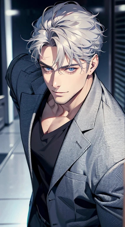 (best quality,4k,8k,highres,masterpiece:1.2),ultra-detailed,(realistic,photorealistic,photo-realistic:1.37),1 man,31 years old,mature man,very handsome,without expression,smile,short grey blue hair,blue eyes,penetrating gaze,perfect face without errors,imposing posture,businessman,office background,cinematic lighting,hdr image