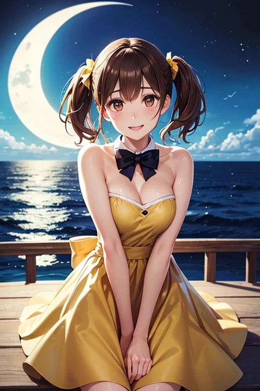 Yumi Fukuzawa、Shiny brown hair,Medium Hair, 、(( High Twintails、rabbit style)),Beautiful brown eyes、Sparkling eyes, fine grain、smile、Very fine eye、Very detailed顔, Very detailed目,Cowboy Shot、
(Photorealistic:1.4, 8k), Highest quality, masterpiece, 超High resolution, Perfect dynamic composition,Highest quality, Very detailed, Very delicate and beautiful, High resolution, Very detailedCG, masterpiece,
A woman standing at the bow of the luxury liner, arms outstretched, feeling the wind., , Illuminated by the moonlight, Splash of the sea, masterpiece, Her yellow dress was getting wet, Looking at the audience.