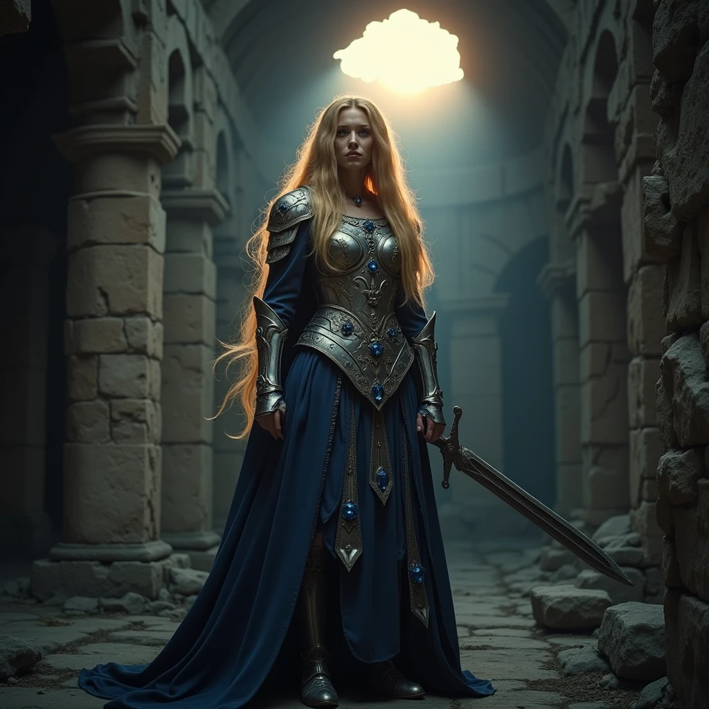 Deep within the shadowed halls of a forgotten temple, Brynja Thorsdottir stands tall, her presence commanding and mysterious. 🌘 Her golden hair cascades like a waterfall of light, contrasting with the dark, weathered stones around her. The sapphire gems embedded in her armor glisten faintly, catching the last rays of a fading sun. With her ancient sword in hand, forged by hands long gone, Brynja is ever vigilant, guarding secrets that could change the fate of many.