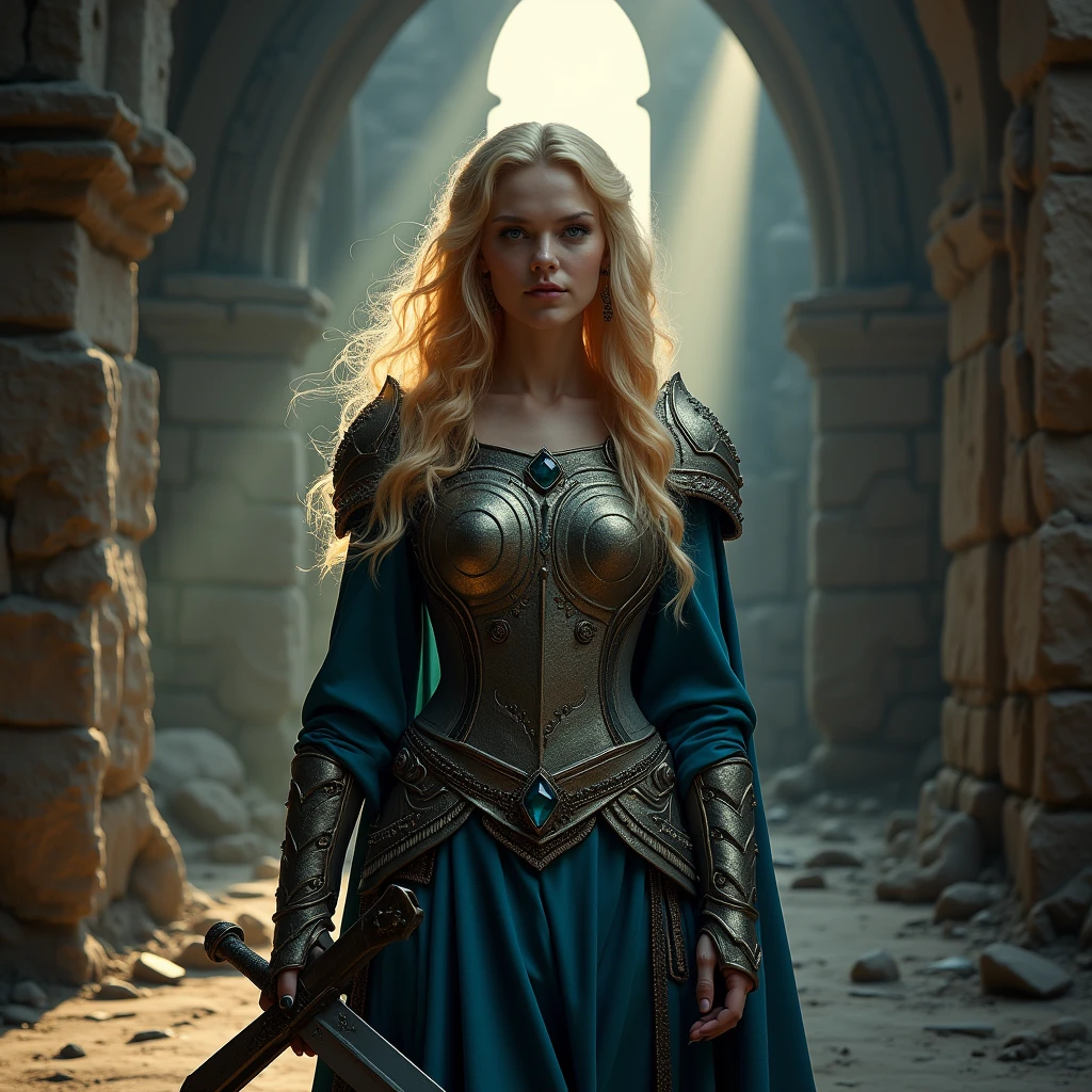 Deep within the shadowed halls of a forgotten temple, Brynja Thorsdottir stands tall, her presence commanding and mysterious. 🌘 Her golden hair cascades like a waterfall of light, contrasting with the dark, weathered stones around her. The sapphire gems embedded in her armor glisten faintly, catching the last rays of a fading sun. With her ancient sword in hand, forged by hands long gone, Brynja is ever vigilant, guarding secrets that could change the fate of many.
