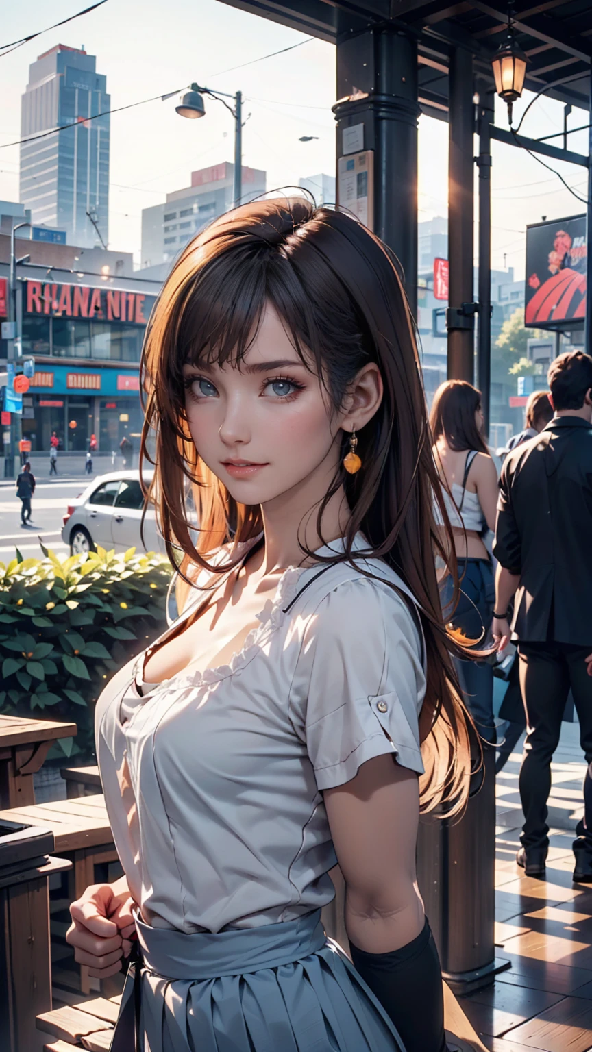 (8k, Highest quality, masterpiece: 1.2), Super detailed, Highest quality, Ultra-high resolution, Professional Lighting, Photon Mapping, Radio City, Physically Based Rendering, Cinema Lighting, Depth of written boundary, focus on, Light of the sun, Good composition, (Bokeh: 1.2), 1 person, (whole body), smile, Beautiful Eyes, Pause, narrow, Brown Hair, short hair, Prairie Blouse Light Blue, skirt,garden,hand {refer tos} cute {refer to} hand,