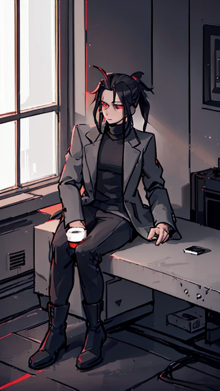 (detailed), (((normal guy))), (Arabic characteristics), ((gray wool jacket)), ((pelo negro rizado Ponytail hairstyle)), ((Ponytail hairstyle)), (calm face), ((by the width)), ((coffee boots)), (((whole body))), ((in a cyberpunk room)), ((male)), (gray turtleneck sweater), ((only one person)), (at night), terror, ((eyes glowing red)), In the dark