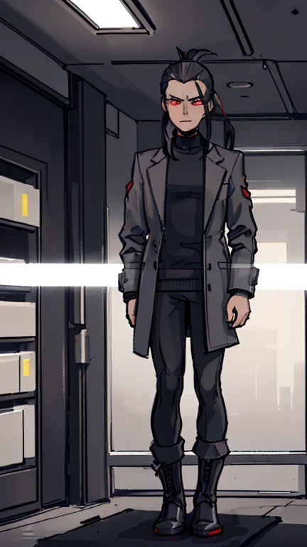 (detailed), (((normal guy))), (Arabic characteristics), ((gray wool jacket)), ((pelo negro rizado Ponytail hairstyle)), ((Ponytail hairstyle)), (calm face), ((by the width)), ((coffee boots)), (((whole body))), ((in a cyberpunk room)), ((male)), (gray turtleneck sweater), ((only one person)), (at night), terror, ((eyes glowing red)), In the dark