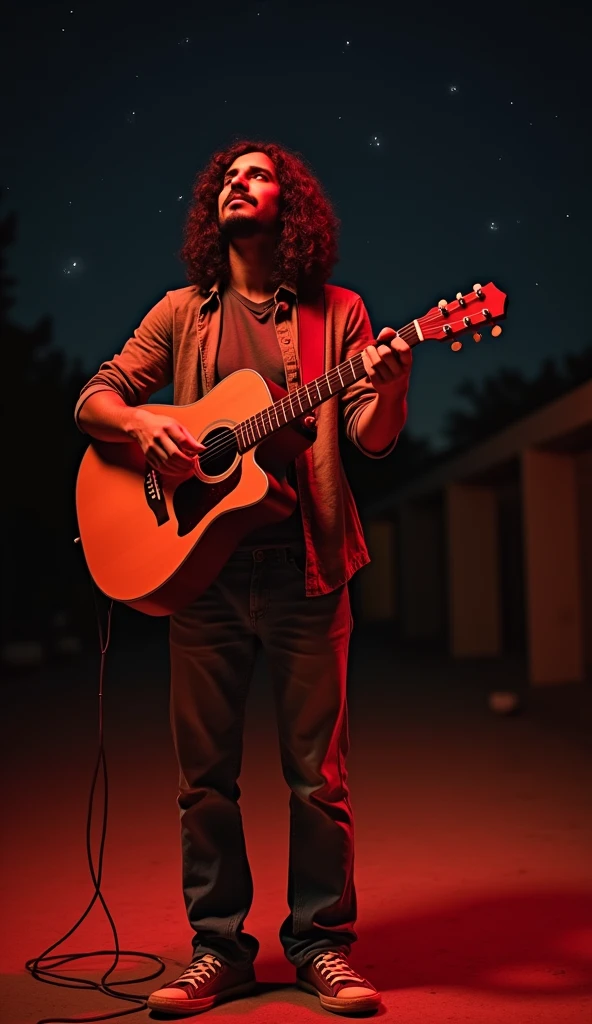 Realistic image ,30 year old Indonesian man with long wavy curly hair,thin mustache,wearing a t-shirt, jeans,and jacket worn out shoes,standing playing guitar,and harmonica,malam hari cahaya temaram,redup,ultrahd,image quality,pefect skin,cinematic