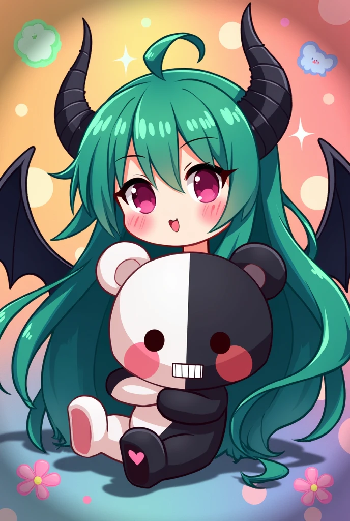 Morrigan Aensland from Darkstalkers being carried by Monokuma from Danganronpa in anime chibi style.