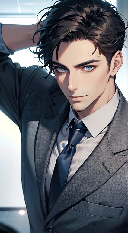 (best quality,4k,8k,highres,masterpiece:1.2),ultra-detailed,(realistic,photorealistic,photo-realistic:1.37),1 man,31 years old,mature man,very handsome,without expression,smile,short grey black hair,blue eyes,penetrating gaze,perfect face without errors,imposing posture,businessman,office background,cinematic lighting,hdr image