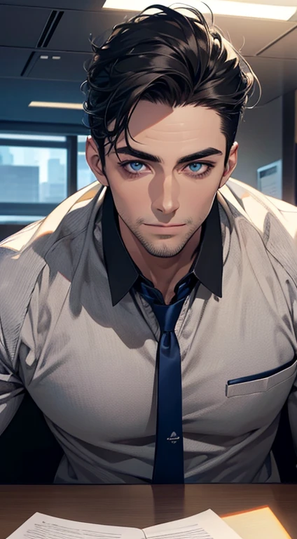 (best quality,4k,8k,highres,masterpiece:1.2),ultra-detailed,(realistic,photorealistic,photo-realistic:1.37),1 man,31 years old,mature man,very handsome,without expression,smile,short grey black hair,blue eyes,penetrating gaze,perfect face without errors,imposing posture,businessman,office background,cinematic lighting,hdr image