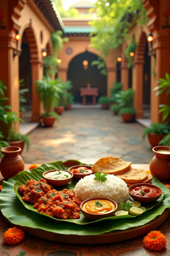 indian food on banana leaf