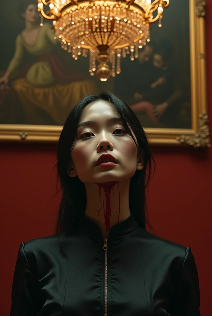 Chinese, very cute beautiful young woman, stuck a knife in his throat of a boy blindfold bloody in neck sadism, luxury house