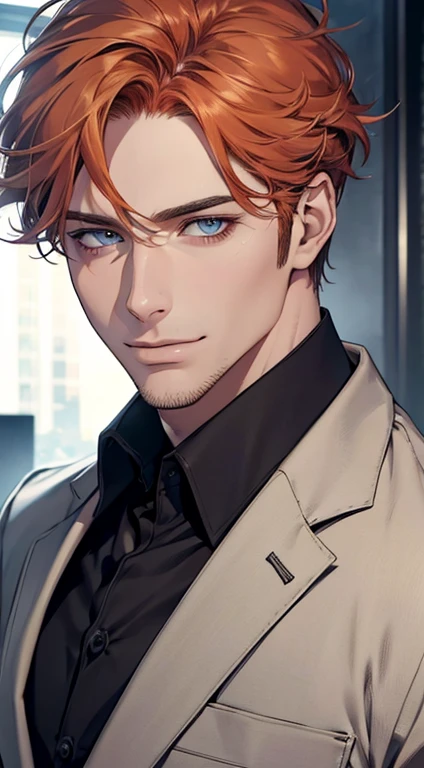 (best quality,4k,8k,highres,masterpiece:1.2),ultra-detailed,(realistic,photorealistic,photo-realistic:1.37),1 man,31 years old,mature man,very handsome,without expression,smile,short grey b
Orange hair,blue eyes,penetrating gaze,perfect face without errors,imposing posture,businessman,office background,cinematic lighting,hdr image