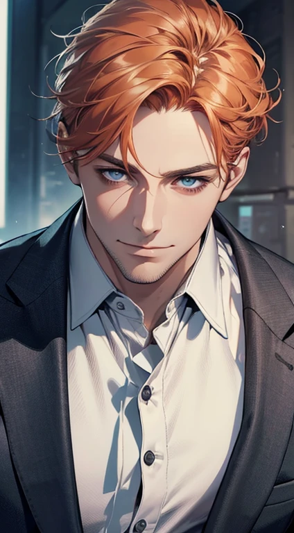 (best quality,4k,8k,highres,masterpiece:1.2),ultra-detailed,(realistic,photorealistic,photo-realistic:1.37),1 man,31 years old,mature man,very handsome,without expression,smile,short grey b
Orange hair,blue eyes,penetrating gaze,perfect face without errors,imposing posture,businessman,office background,cinematic lighting,hdr image