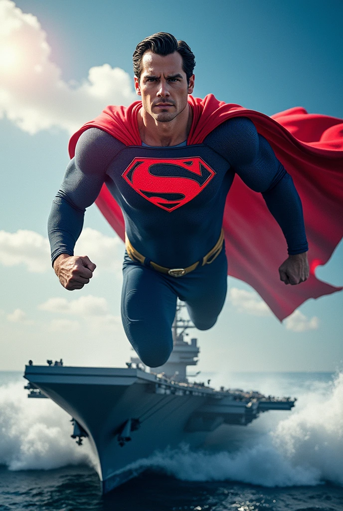 (photorealism:1.2), Superman wearing a New England Patriots uniform flying and launching his heat vision at a warship aircraft carrier