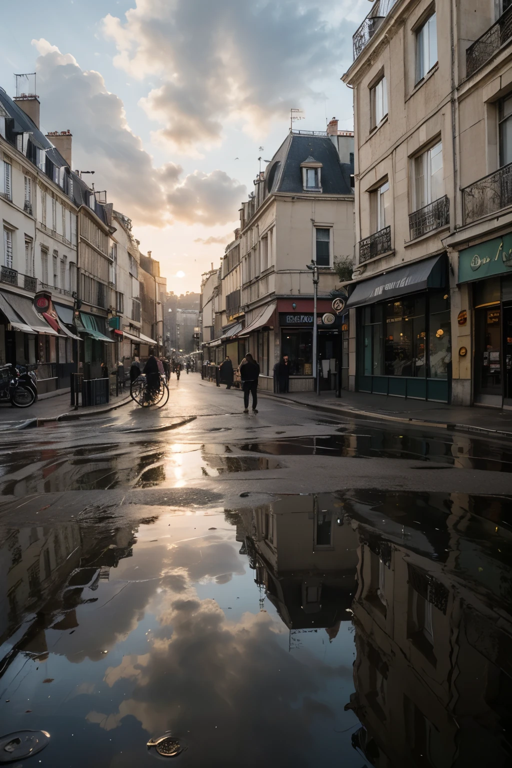 beautiful sun in the sky' and real cloud, Golden hour in city of Paris A high street, wet city and a lot of puddle, and cloudy skies  High quality, fixed light composition