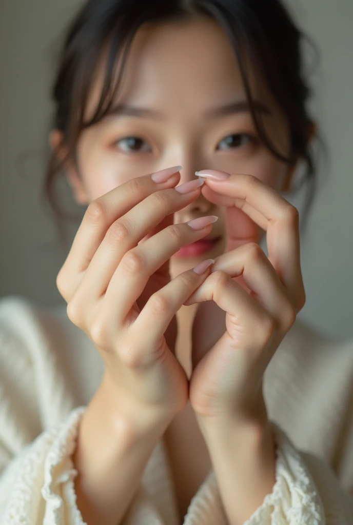 Generate a close-up image of two hands positioned in front of the viewer. beautiful young Japanese woman wearing only camisole.  one hand with the fingers curled and grabbed to form vertical tube.  The other hand should be placed on top of the another hand, gently covering from above like a lid. Ensure that the fingers of both hands are detailed, with attention to the textures and contours of the skin. The background should be neutral or softly blurred to keep the focus on the hands and the interaction between them.