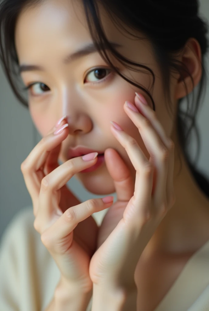 Generate a close-up image of two hands positioned in front of the viewer. beautiful young Japanese woman wearing only camisole. one hand with the fingers curled and grabbed to form vertical tube. The other hand should be placed on top of the another hand, gently covering from above like a lid. Ensure that the fingers of both hands are detailed, with attention to the textures and contours of the skin. The background should be neutral or softly blurred to keep the focus on the hands and the interaction between them.