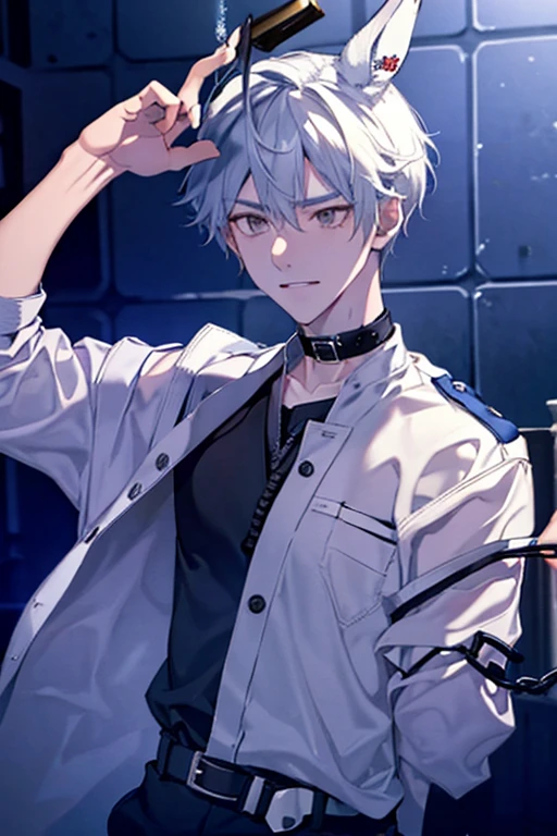 Handsome,Wolf Ears,With both hands bound and raised above his head.,belt,Her hair is short,He's in a jail cell,handcuffs,male,Wearing a collar,No clothes