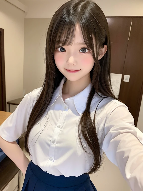 9 years old, elementary school students, full body, best quality:1.6, 8K, (Extremely detailed eyes:1.3, Extremely detailed face:1.3), very cute face, white shirt, school uniform, musume san, long hair, bangs, 1 girl,  big breast, outdoor, open mouth, Smile slightly,