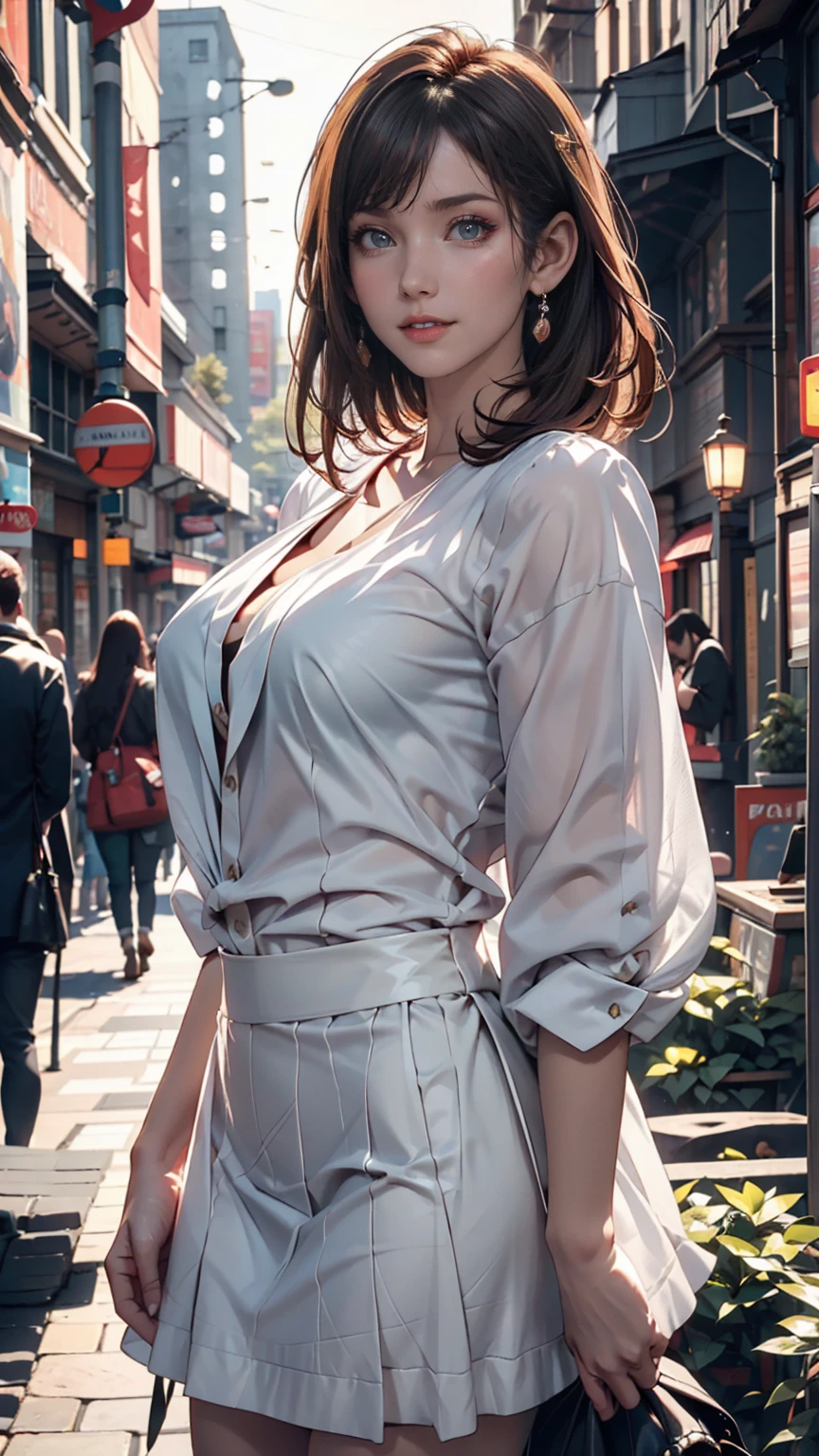 (8k, Highest quality, masterpiece: 1.2), Super detailed, Highest quality, Ultra-high resolution, Professional Lighting, Photon Mapping, Radio City, Physically Based Rendering, Cinema Lighting, Depth of written boundary, focus on, Light of the sun, Good composition, (Bokeh: 1.2), 1 person, (whole body), smile, Beautiful Eyes, Pause, narrow, Brown Hair, short hair, Prairie Blouse Light Blue, skirt,garden,hand {refer tos} cute {refer to} hand,