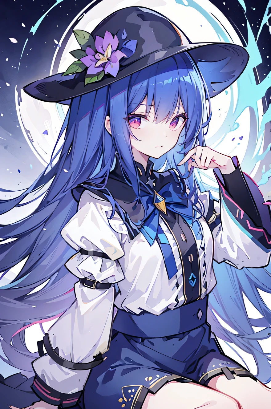 oung Girls,Humanity,A magician always smiles,big witch hat,cute,dark blue long hair,The eyes are dull,The bangs are heavy,Thin eyebrows,fantasy,intake,Double teeth,Star Theme,Constellation pattern,Solid color clothetal decoration,cloak,A bit of a dark atmosphere,A little crazy smile,When the big moon shines outside at night,blood,Hair black star embellishment,Short tie,No nails,High waist skirt,Bell sleeves,Long-sleeved shirt,Black tie,low risk,gentlemen。Mist、Yellow and white effect,Shocking pink as an accent color,(Masterpiece:1.2),Ultra-detailed,lifelike,The eyes are expressive,Fair skin,Perfect face shape,1 girl,Japanese Manga,Gorgeous blue hair,Flowing blue hair,Flowing clothes,Cat ears,Petals falling,Shy face,sitting on window,Place your hand on your lips,masterpiece, absurdres, novel cover, cover illustration, 1girl, solo, dark blue-haired ponytail, mage robes, flower background, clock background, monochrome, line drawing
