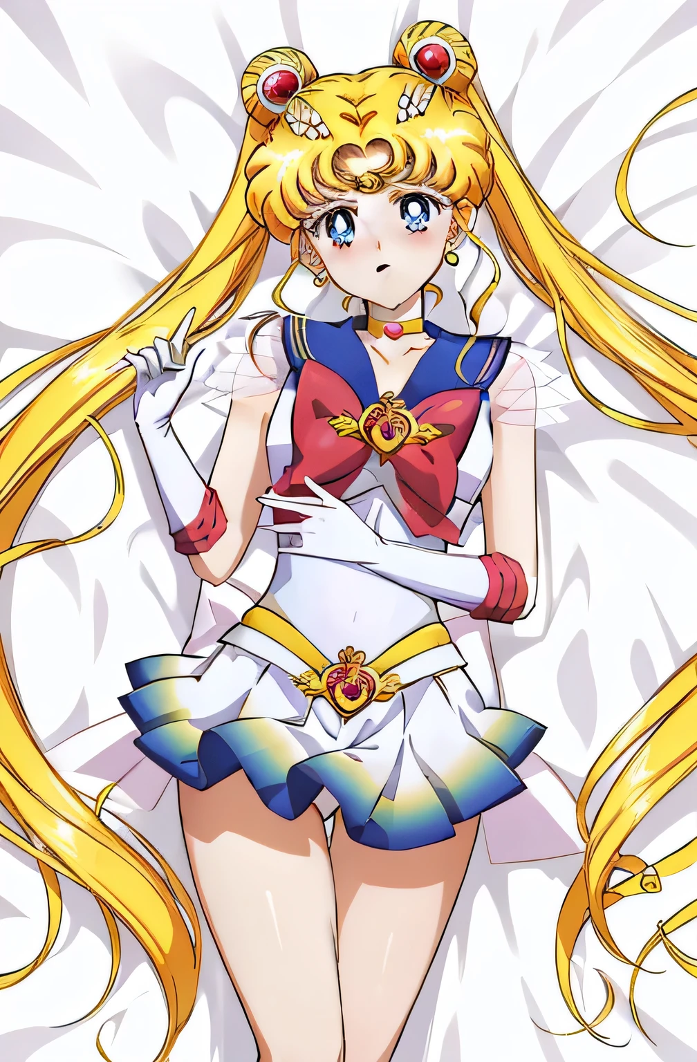 masterpiece, top quality, (single person), supersailor moon, detailed face, happy, face focus, cowboy shot, white wall, on bed, bright room, having sex, embarrassed face, white gloves, detailed eyes, details face, hotel room, detailed background, multicolored clothing, sailor senshi uniform, colorful skirt, hair ornament, red bow, brooch, heart brooch, earrings, crescent moon, heart choker, heart, miniskirt, very long hair, backbow, crescent earrings, tiara, yellow choker, boots, knee boots, red footwear, legs spread wide, white panties, panties visible, skirt lifted, cute panties, half-taken panties, lying in bed,