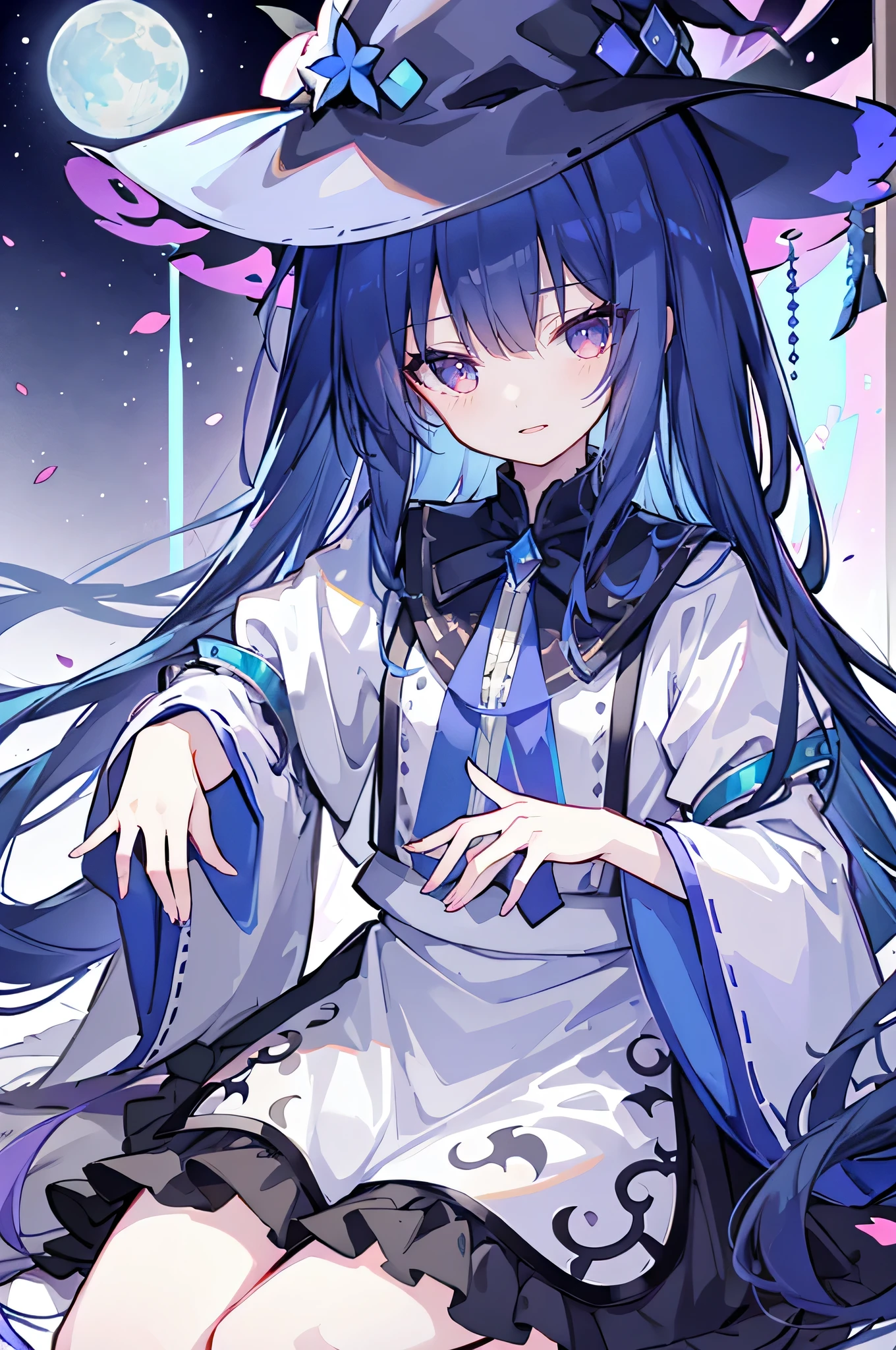 oung Girls,Humanity,A magician always smiles,big witch hat,cute,dark blue long hair,The eyes are dull,The bangs are heavy,Thin eyebrows,fantasy,intake,Double teeth,Star Theme,Constellation pattern,Solid color clothetal decoration,cloak,A bit of a dark atmosphere,A little crazy smile,When the big moon shines outside at night,blood,Hair black star embellishment,Short tie,No nails,High waist skirt,Bell sleeves,Long-sleeved shirt,Black tie,low risk,gentlemen。Mist、Yellow and white effect,Shocking pink as an accent color,(Masterpiece:1.2),Ultra-detailed,lifelike,The eyes are expressive,Fair skin,Perfect face shape,1 girl,Japanese Manga,Gorgeous blue hair,Flowing blue hair,Flowing clothes,Cat ears,Petals falling,Shy face,sitting on window,Place your hand on your lips,masterpiece, absurdres, novel cover, cover illustration, 1girl, solo, dark blue-haired ponytail, mage robes, flower background, clock background, monochrome, line drawing