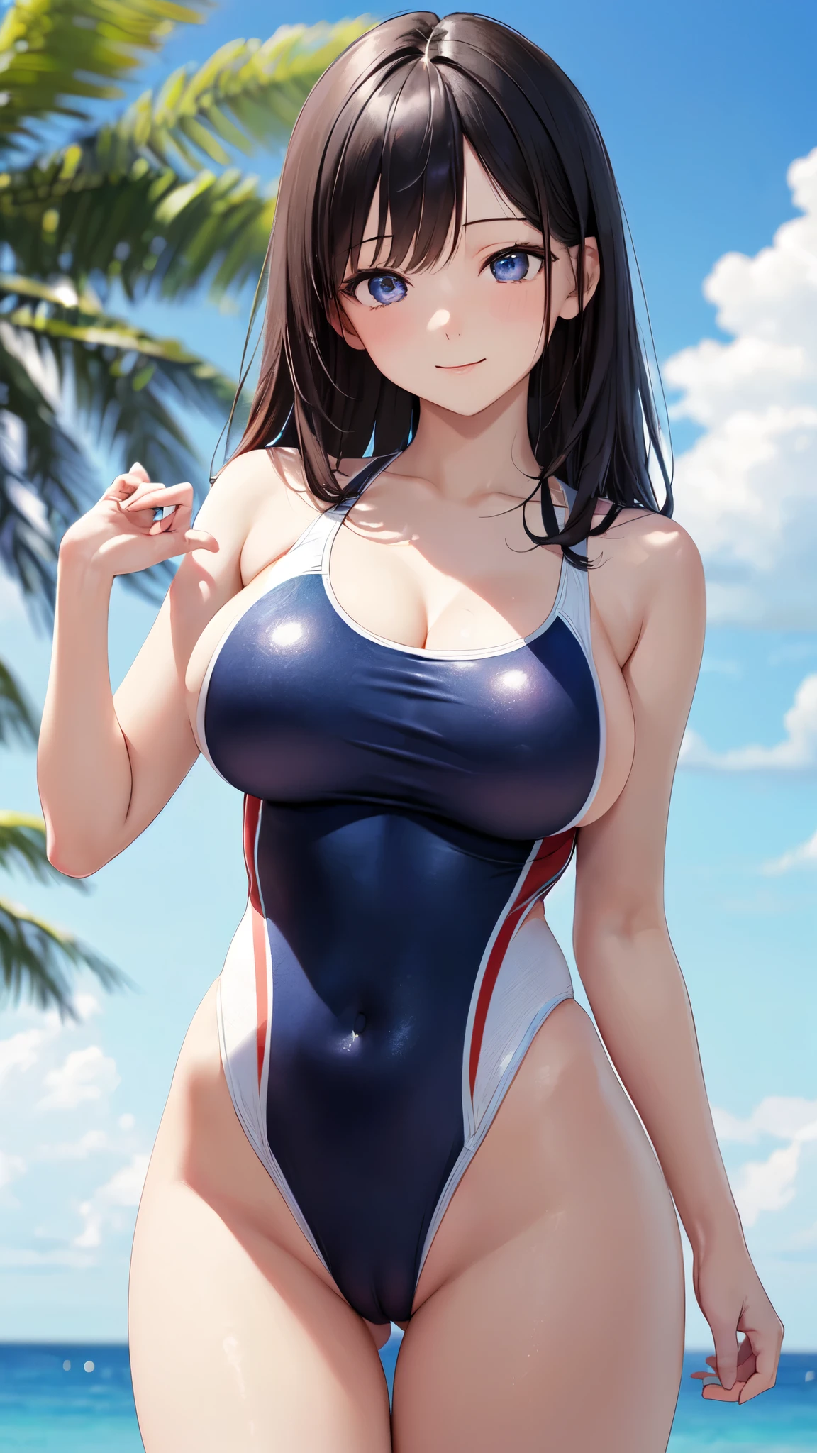 ((masterpiece,best quality,ultra detailed,high resolution)),(daytime,clear weather,bloom),((solo,cowboy shot)),(a girl),japanese,(black hair,straight hair),(beautiful detailed face,beautiful detailed eyes,fair skin),light smile,(navy competition swimsuit),big breast,cameltoe,