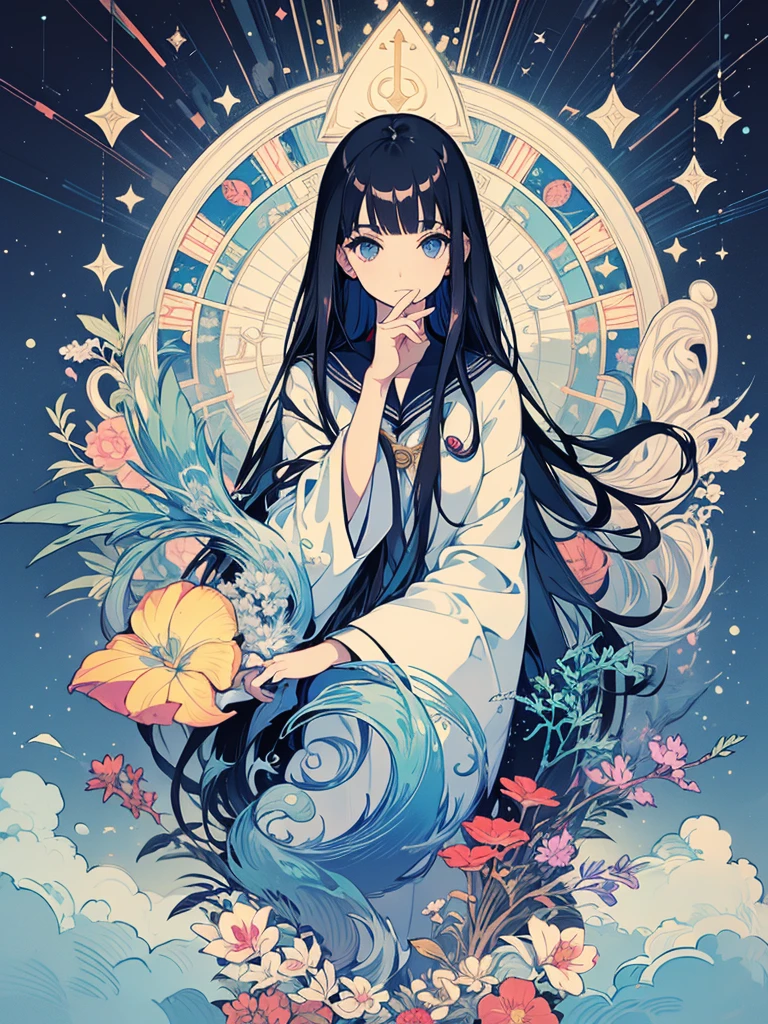 artwork, Better Quality, woman, Black Hair、blue eyes、Sailor suit、Tarot,Symbolism, Visual art, Occultism, Vision Casting, philosophy, Image, Number secrets, Popularity, art, Alphonse Mucha