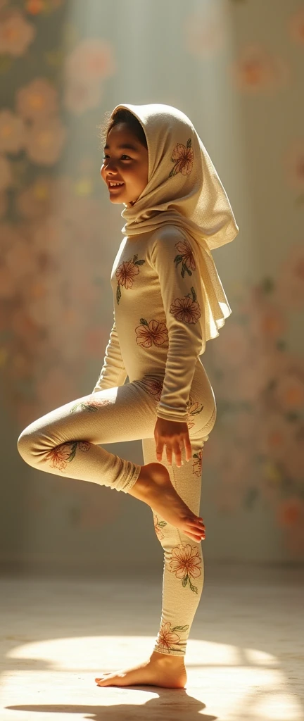 The beautiful Chinese teenager girl contortionist with beautiful cheeks wears golden floral print full lycra footed dancewear turtleneck unitard catsuit and floral print lycra elastane dancewear hijab-like hood.She is happy to perform contortion performance.