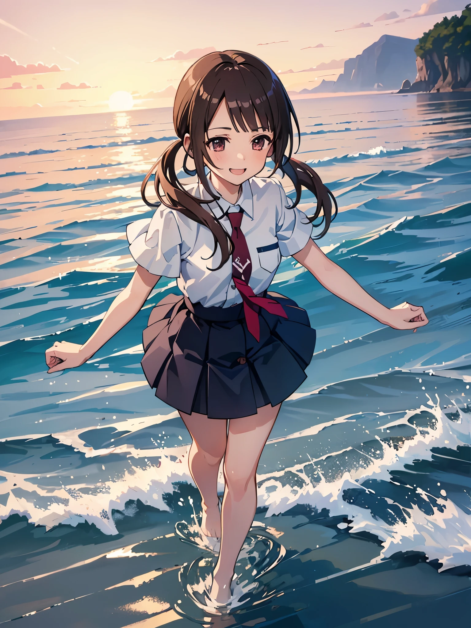 ((Highest quality,masterpiece)),(16K,Ultra-high resolution,Super detailed)1girl, 独奏,Smiling with his mouth open, Okitasawa, Low twintails that reach down to the shoulders,white shirt, short sleeves, red necktie, blue skirt,The Japanese summer coast in the evening,Highly detailed facial features, Beautiful and perfect face, Perfect Eyes,walking on water,Splashing water effects,A clear, beautiful sea,A vibrant sunset,Anatomically correct body,Perfect lighting,Perfect Shadow,A face waiting for a kiss,Vibrant gradient background,Full body shot,red cheek