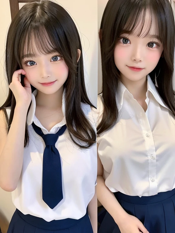 9 , elementardy, best quality:1.6, 8K, (Extremely detailed eyes:1.3, Extremely detailed face:1.3), very cute face, white shirt, sleeveless, school uniform, musume san, long hair, bangs, 1 girl,  big breast, outdoor, open mouth, Smile slightly,